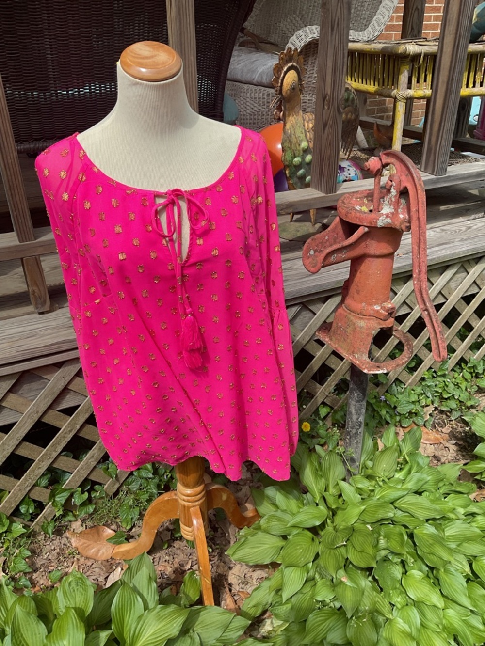 Women’s Crown &Ivy Hot Pink Tassel Tie Long-Sleeve Blouse 1X